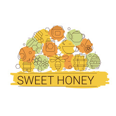 Honey and bee icons in the shape of circle.