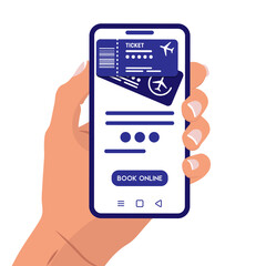 Female hand holds a white smartphone and book tickets online. Vector illustration. Booking tickets online concept