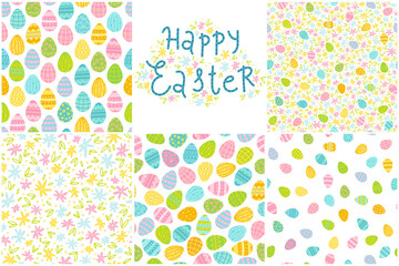 Spring set with seamless patterns and lettering - Happy Easter. Hand-drawn vector illustration in a simple childish style with naive little flowers and Easter eggs