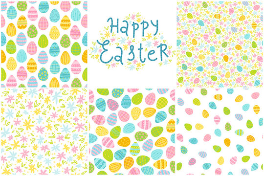Spring set with seamless patterns and lettering - Happy Easter. Hand-drawn vector illustration in a simple childish style with naive little flowers and Easter eggs