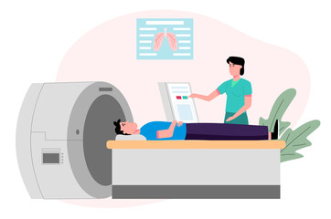 Female doctor with patient lying, magnetic resonance imaging analysis. Flat design illustration. Vector