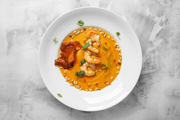 cream soup with sweet potato and tiger prawns