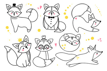 Set foxes in different poses. Cute foxes in sketch style. Doodle