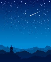 The traveler meditates and looks at the night sky. Night mountains. Vector illustration.