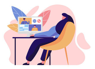 Female sitting in armchair, video conference indoors. Flat design illustration. Vector