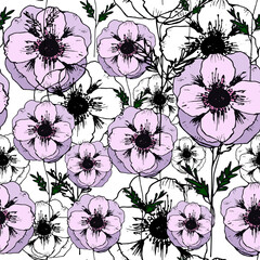 Vector seamless pattern with purple anempnes and their outlines on white background. EPS10