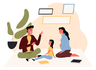 Female and male talking with a child sitting on the floor. Flat design illustration. Vector