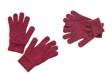 Two pairs of dark red woolen gloves isolated on white background, women's accessory