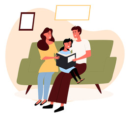 Female and male reading book with a child sitting on the sofa. Flat design illustration. Vector
