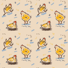 Seamless pattern of cute cartoon funny chickens. Farm chickens and eggs. Vector illustration collection design.