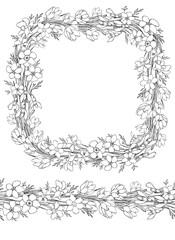 Frame and seamless border of wildflowers. Line art. Decorative isolated element for design.