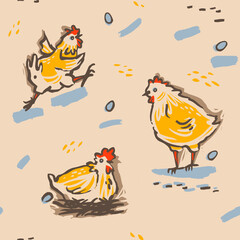 Seamless pattern of cute cartoon funny chickens. Farm chickens and eggs. Vector illustration collection design.