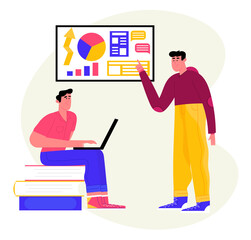 Men looking at the graphs on board. Flat design illustration. Vector