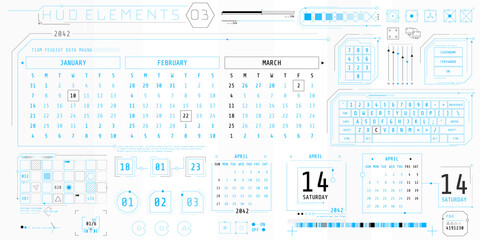 A set of HUD calendars elements for a futuristic interface.