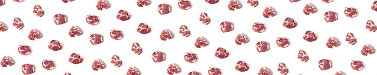 background with raw pork meat slices on white background, raw food background, not pattern, banner wide shoot