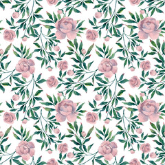 pink bouquet peony flower and leaves, watercolor drawing, seamless pattern - 406687901