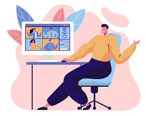 Male sitting in armchair, video conference indoors. Flat design illustration. Vector