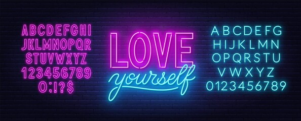 Love yourself neon quote on a brick wall. Inspirational glowing lettering. Neon blue and pink alphabet on brick wall background. - obrazy, fototapety, plakaty