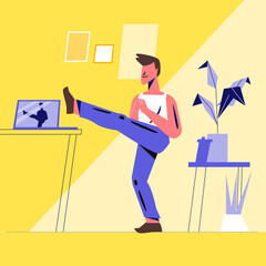 Man doing morning exercises, keeping fit indoors. Flat design illustration. Vector