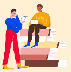 Male students with book and laptop doing homework. Flat design illustration. Vector