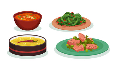 Different Dish and Main Courses Served on Plate and Bowl Vector Set