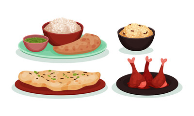 Different Dish and Main Courses Served on Plate and Bowl Vector Set