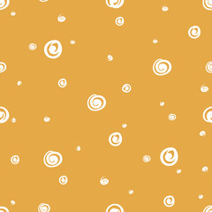 Seamless vector pattern with white hand-drawn abstract spirals on a yellow background. Simple backgrounds.