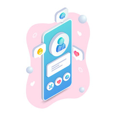 Dating app user profile on mobile phone screen. Online Dating application interface isometric concept. 3D smartphone with buttons. Trendy Social media vector illustration for web site, apps, banner.