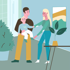 Family woman and man with child in arms, home interior. Flat design illustration. Vector