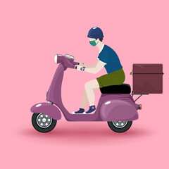 Fototapeta na wymiar Young guy in protective mask rides a scooter, purple vintage scooter with box for food delivery isolated on a pastel pink background, online delivery service and stay home concept, vector illustration