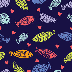 Cute fish and hearts. Kids background. Seamless pattern. Can be used in textile industry, paper, background, scrapbooking.