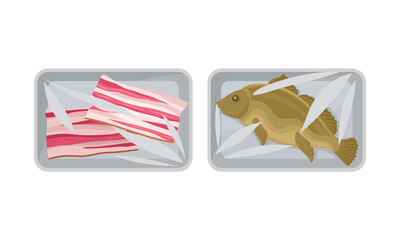 Fish and Sliced Bacon in Plastic Serving Tray Vector Set