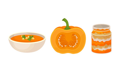 Pumpkin Foodstuff with Soup and Dessert in Glass Jar Vector Set
