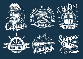 Naklejka premium Marine print set with helm of skipper. Cruises, bollard and spyglass. Monochrome t-shirt nautical apparel design