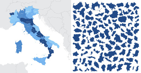 Detailed, vector, blue map of Italy on white background with administrative divisions into regions of the country