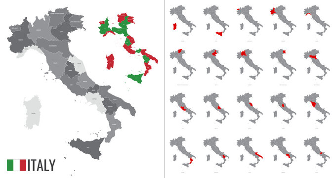 Detailed vector map of Italy regions with country flag