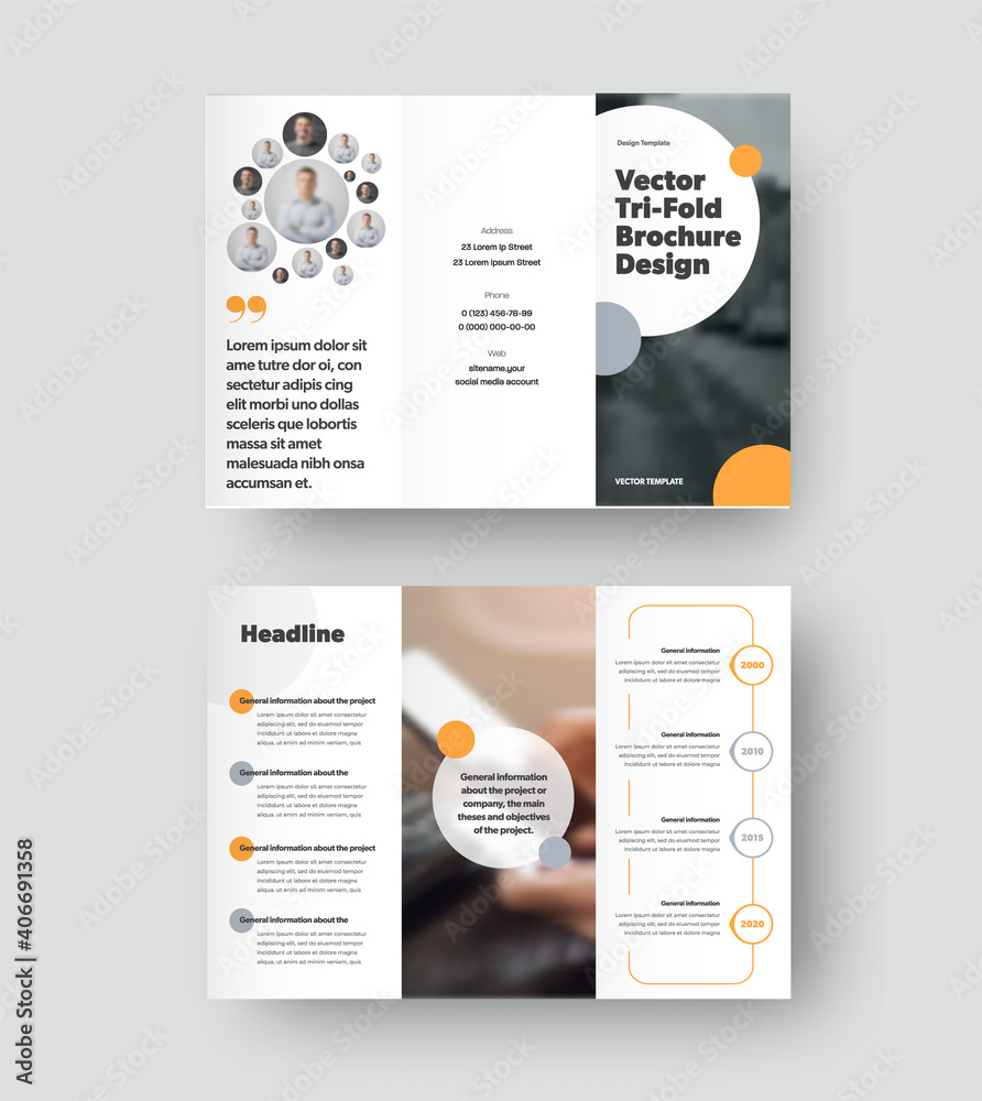 Poster Vector trifold template with round color design elements on white background, creative brochure with realistic shadows for business.