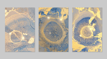 Sparkling blue and gold stone geode pattern. Alcohol ink technique abstract vector background. Modern paint with glitter. Marble texture. Set of templates for banner, poster design. Fluid art painting