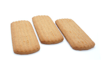 Cookies isolated on white background. Rectangular shape. Three brown cookies.