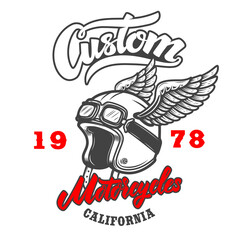 Custom motorcycles. Emblem template with winged racer helmet. Design element for logo, label, sign, emblem, poster. Vector illustration