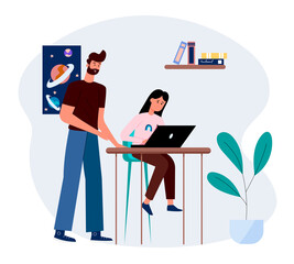 Father with daughter and laptop in home interior. Flat design illustration. Vector