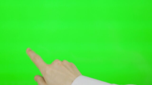 Man's Hand Slides Flips Touches Drags Right To Left on the Green Screen Background, Green Screen, Mockup, Alpha Channel, Chroma Key, Man Surfing the Internet, Watching Video Content, Blogging.