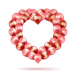 Obraz premium Bundle bouquet in the shape of a heart of pink and red balloons. Greeting card banner for Valentine s Day and International Women s Day. 3d realistic isolated on white background. Vector.