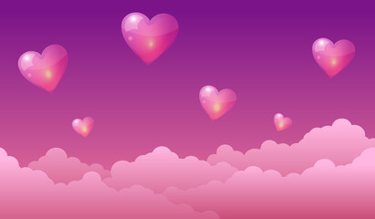 Fototapeta na wymiar Vector pink background with clouds and flying hearts
