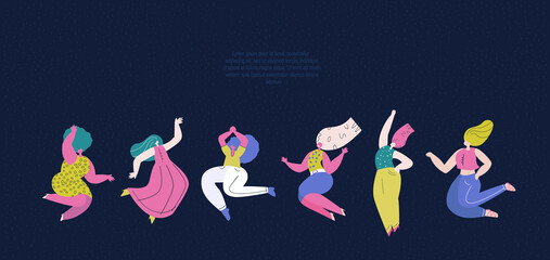 Fototapeta na wymiar Happy International Woman Day.Feminism concept.Bright Beautiful Different Dancing Girls. Funny Party,Eight of March Celebration.Protect Free Confident Women.Female Empowerment.Vector Flat Illustration