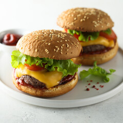 Traditional homemade cheeseburgers on a white plate