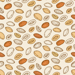 Seamless pattern with Peanut, nuts and leaves. Graphic hand drawn engraving style. Botanical illustration for packaging, menu cards, posters, prints.