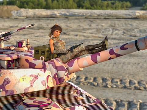 3D Photo of a Young Woman Resting on Top of a Tank