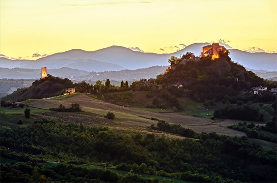 Magical sunset on italian hills and Rossena castle , Emilia Romagna