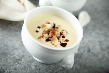 Homemade potato soup with croutons